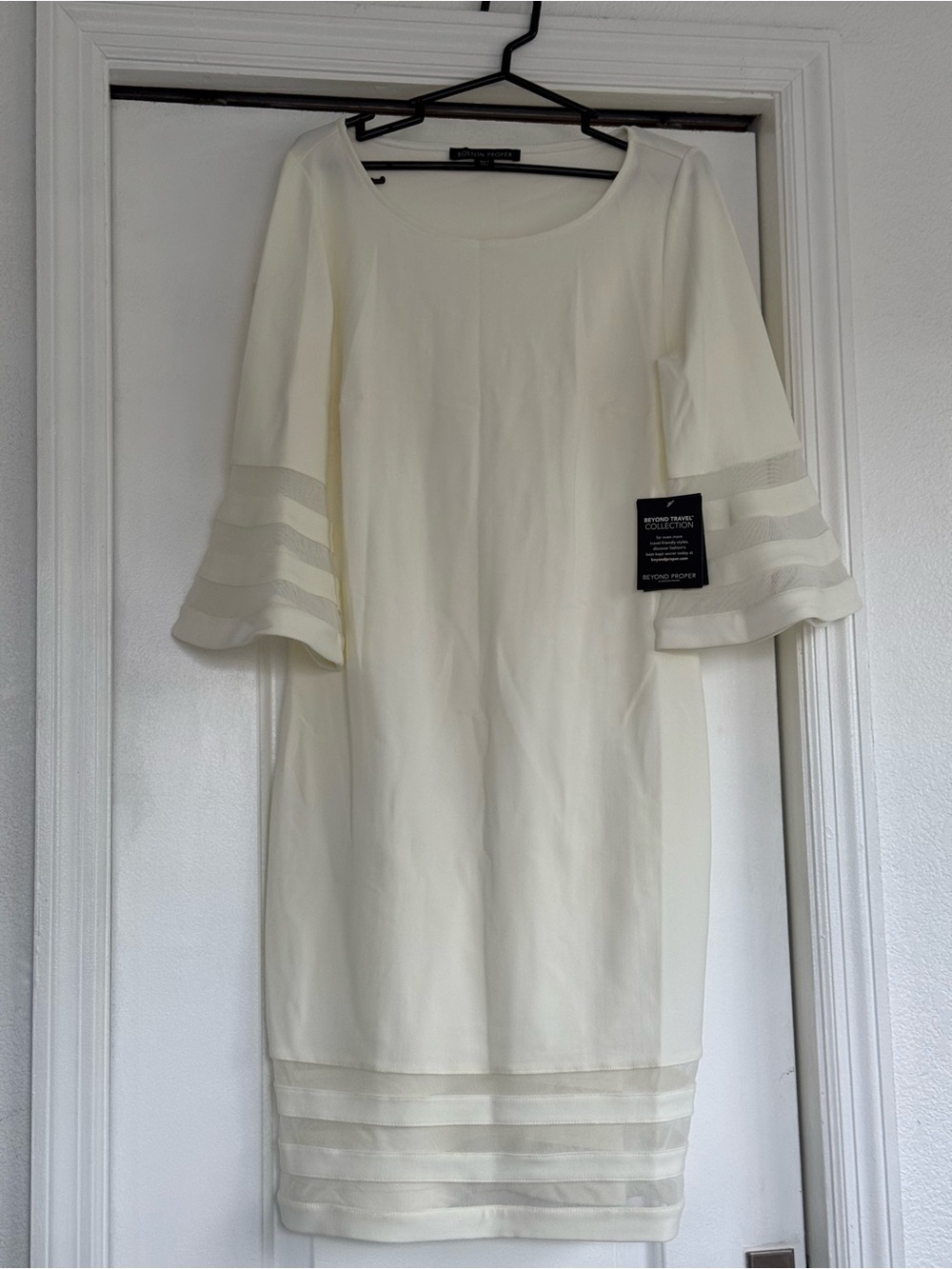 Boston Proper Cream Midi Sheath Dress with Tiered Bell Sleeves